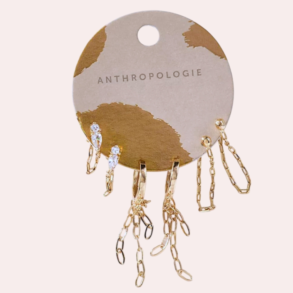 NWT Anthropologie Drippy Chain Huggie Hoop Earrings Set